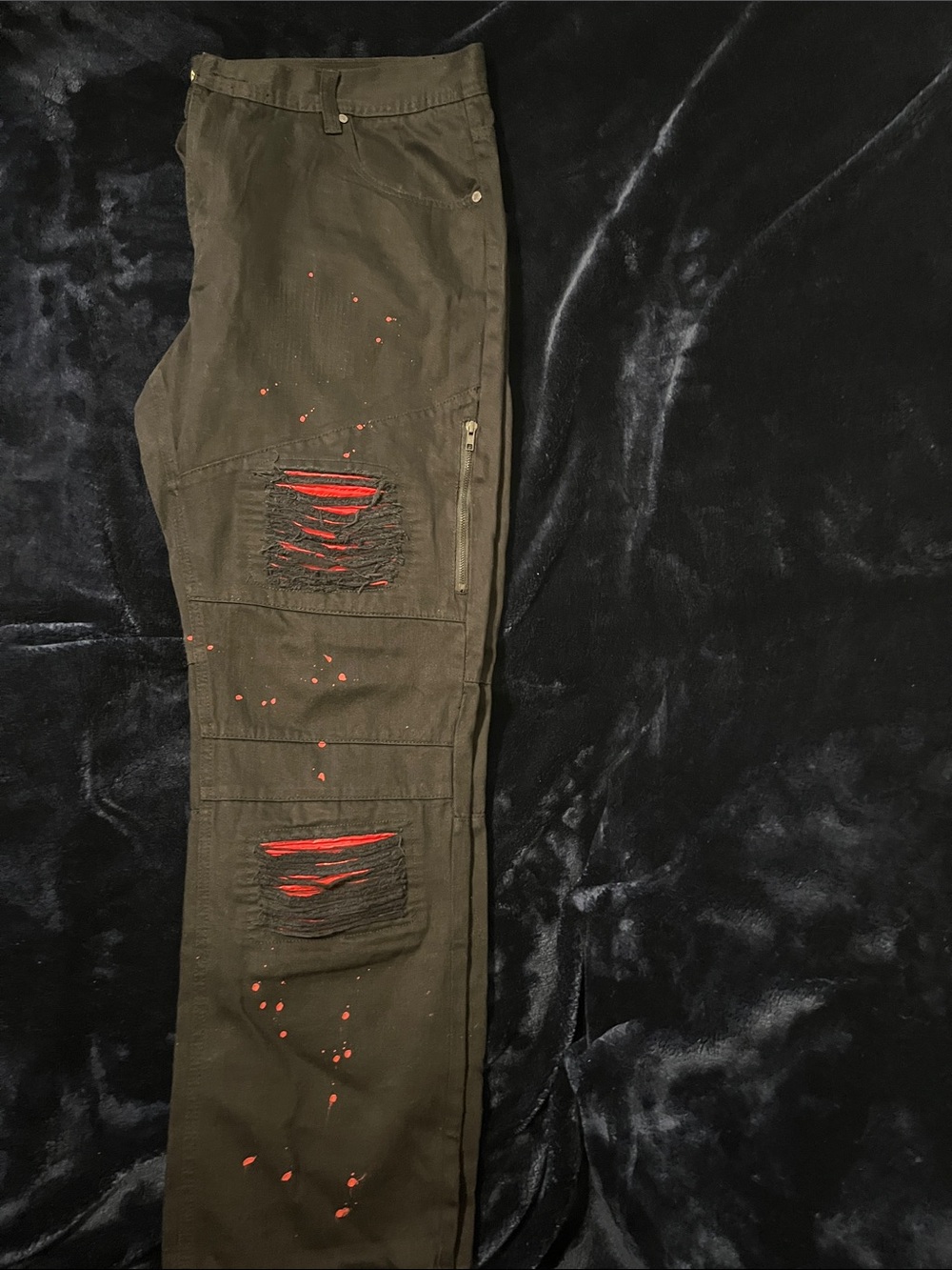 Men's Black Pants with Red Underlay and Distressed Accents - Picture 4 of 4